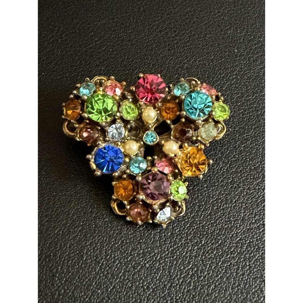 Vintage Rhinestone Brooch Cluster UV Reactive Gold Tone Faux Pearl